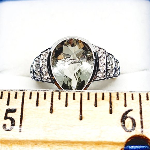Montezuma Prasiolite (Green Amethyst) & Zircon ring in Plat/925SS sz 9 5.25cts - Picture 2 of 6